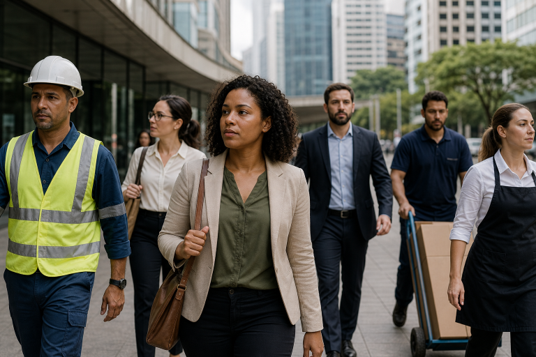 Trabalhadores circulam em área urbana brasileira, representando o mercado de trabalho e a busca por emprego formal