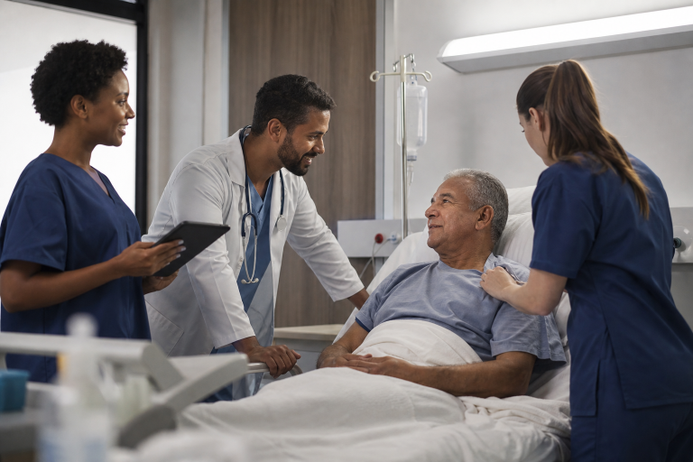 Nova lei cria avaliação nacional da qualidade de hospitais e clínicas particulares Profissionais de saúde atendendo paciente em ambiente hospitalar, sem textos ou logotipos visíveis